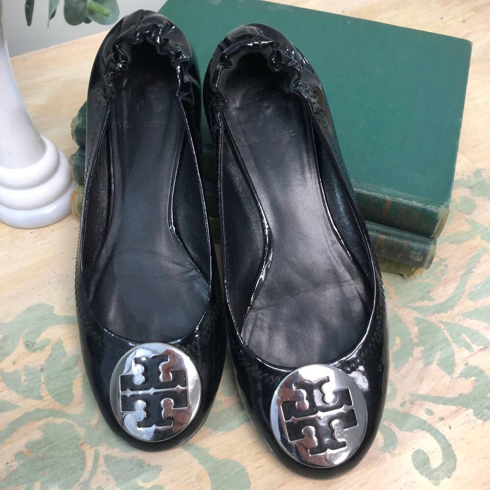 Tory Burch Reva Ballet Flats Black Patent Leather Size 7 Preppy Academia